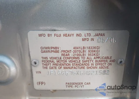 2006 Subaru Impreza 2.5I from USA, damaged, VIN JF1GG676X6H821582